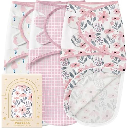 Yoofoss Baby Swaddles for Newborns 100% Organic Cotton, Adjustable Swaddle 3 Pack Newborn Swaddle Sack, Breathable Soft Durable