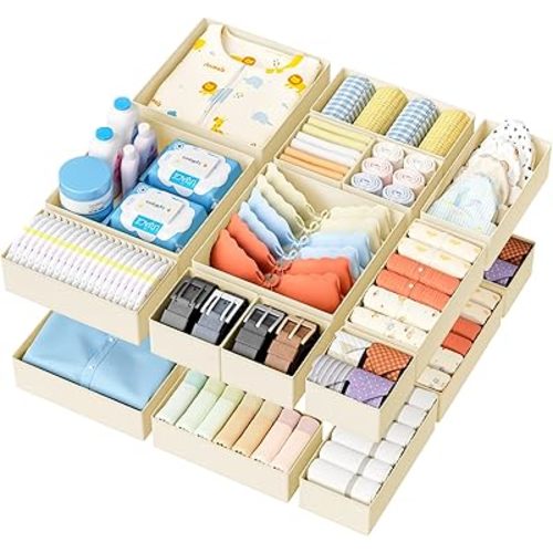 DIMJ Drawer Organizer Clothes - 18 Pack Closet Drawer Organizer Bins for Baby Clothes Storage, Fabric Dresser Organizer for Nursery Bedroom, Foldable Small Drawer Dividers for Underwear Socks