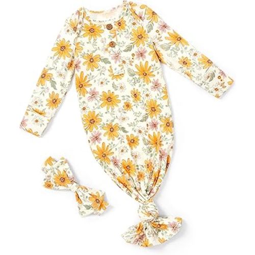 PATPAT Baby Sleeper Gown with Bamboo Viscose for Newborn Girls Boys, Knotted Nightgown with Mittens for Infant Home Coming