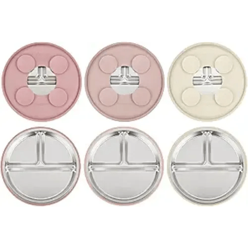 PandaEar 3 Pack Stainless Steel Baby Suction Plates, Divided Toddler Plate for Baby Led Weaning Supplies, Non-Slip Toddler Baby Feeding Set Dishwasher Safe (Pink/Linen/Light Pink)
