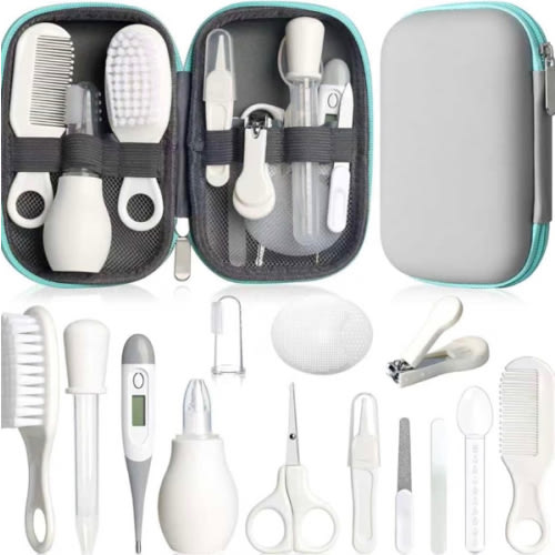 Baby Grooming Kit, Infant Safety Care Set with Hair Brush Comb Nail Clipper Nasal Aspirator,Baby Essentials Kit for Newborn Girls Boys (Grey White)