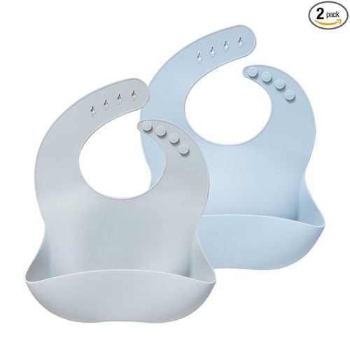 Moonkie Silicone Baby Bibs Set of 2, BPA Free Waterproof Baby Bibs for Eating, Soft Adjustable Silicone Bibs for Babies 6-12 Months, Toddler Bibs with Large Pocket Food Catcher (Light Grey/Blue Fog)