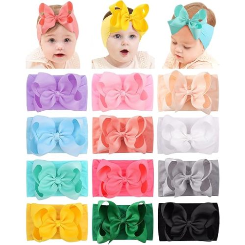 doboi Baby Girl Headbands, 12pcs Nylon Headbands with Big Baby Bows, Hair Accessories for Infant Newborn Toddler
