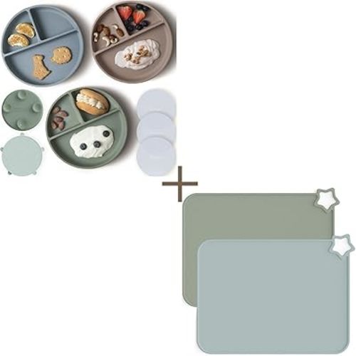 Moonkie Silicone Suction Plates & Placemats Bundle | 3-Pack BPA-Free Baby Plates with Lids + 2-Pack Non-Slip Stain Resistant Toddler Mats | Microwave & Dishwasher Safe | Perfect for Mealtime & Easy Cl