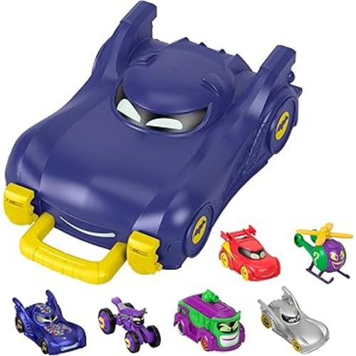 Bundle of Fisher-Price DC Batwheels 5-Pack, Bam Batmobile Redbird Prank Bibi & Quizz, Batcast Metal Diecast + DC Batwheels Preschool Toy Bat The Batmobile Carrying Case with 1:55 Scale Diecast Car
