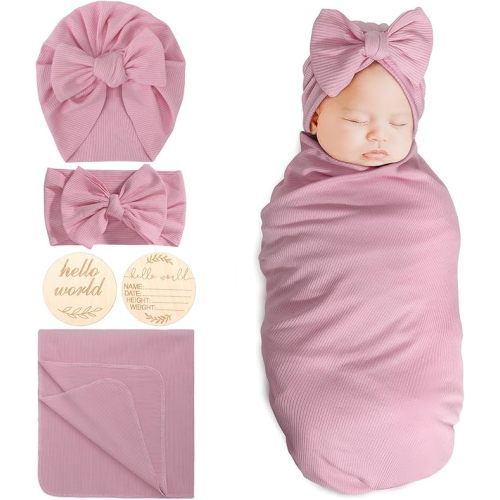 BQUBO Baby Girl Newborn Receiving Blankets with Bow Hat Headband Wooden Birth Announcement Card Set Newborn Baby Swaddle Wrap Set Warm Shower Gift