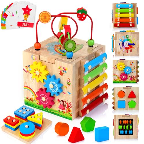 HELLOWOOD Wooden Activity Cube, 8-in-1 Montessori Baby Toys for 1+ Year Old Boys & Girls, Educational Learning Toys for Toddlers Age 1-2, 1st Birthday Gift | Bonus Sorting & Stacking Board