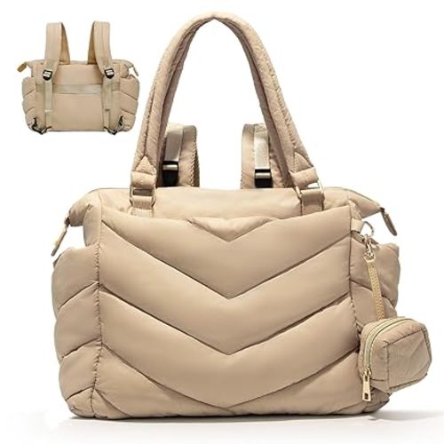 Diaper Bag Tote, Diaper Bag Backpack,Puffer Tote Bag with Pacifier Case, Lightweight Mommy for Hospital, Puffy with 10 Pockets, Convertible Baby for Travel, Apricot