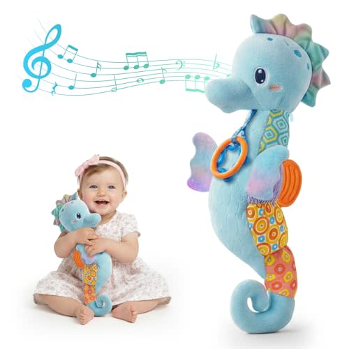 Baby Toys 0-6 Months,Infant Musical Seahorse Stuffed Animals Sensory Toys with Bright Colors,Multiple Textures,Rattles & Crinkle Sound Paper,Soft Tummy Time Toy for Newborn Boys Girls 0-12 Months-Blue