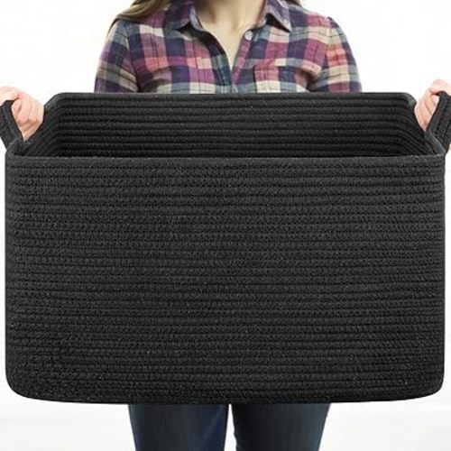 Large Blanket Basket, Black Blanket Storage Living Room, Rectangle Woven Baskets for Storage Toys, Towels, Diry Clothes Organizer Bins (Black)
