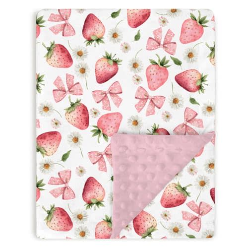 Pink Baby Blankets for Girls 30" x 40", Soft Double Layer Minky Blanket with Dotted Fleece Back, Nursery Bed Receiving Quilt for Newborn Infant Toddler Shower Gift Strawberry Bow Daisy Theme
