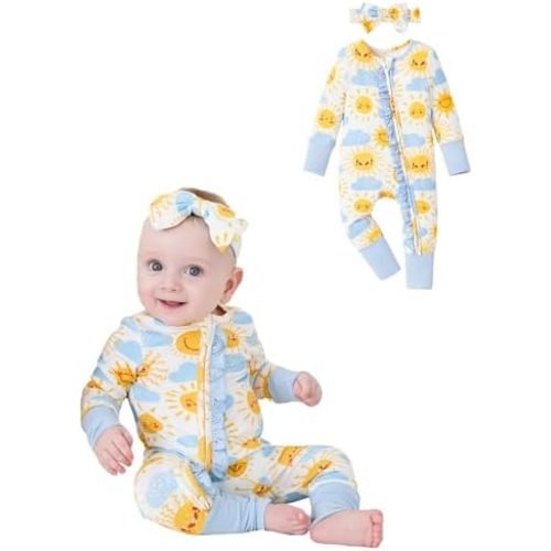 PATPAT Baby Girl Boy Clothes Newborn Infant Footie – Soft Viscose from Bamboo– 2-Way Zipper, Fold-Over Mitten, Ruffle Trim