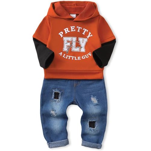 NZRVAWS Baby Boy Clothes Toddler Boy Outfit 2 3 4T 6 12 18 24 Month Fall Winter Hoodie Ripped Jeans Clothing