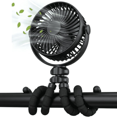 MOSENSE Portable Stroller Fan, 4-Speed Rechargeable Clip On Fan with Flexible Tripod, 360° Rotatable Detachable Battery Operated Quiet Cooling Fan for Car Seat, Crib, Treadmill, Black
