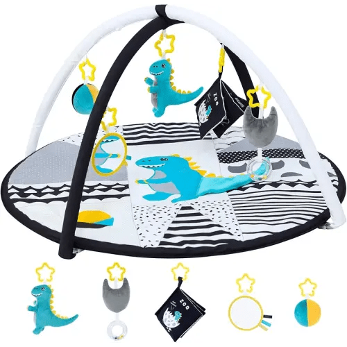 Lovvie & Joy Baby Play Activity Gym Tummy Time Mat for Infant,Baby Gyms & Playmats for Babies 0 to 3 6 9 12 36 Months with 5 Toys for Early Sensory Exploration and Motor Skill Development Dinosaur