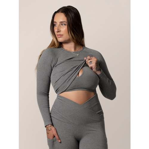 Sublime® Bamboo Maternity & Nursing Cropped Long Sleeve Top | Charcoal - Medium