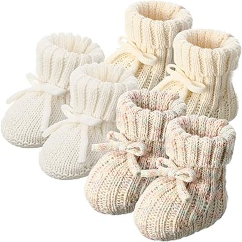 3 Pairs Baby Booties Newborn Baby Shoes 0-6 Months First Walkers Cozy Shoes Knitted Baby Booties for Infant Boy Girl