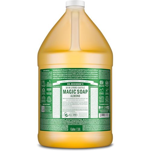 Dr. Bronner's Pure-Castile Magic Soap Liquid (Almond, 1 Gallon) - Made with Regenerative Organic Certified Oils, 18-in-1 Uses: Face, Body, Hair, Laundry, Pets and Dishes, Concentrated, Vegan, Non-GMO