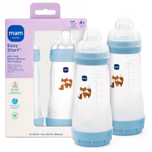 MAM 11oz Easy Start Anti-Colic+ Vented Baby Bottle, 4+ Months, 2 Pack, Boy | Fast Flow Breastfeeding-Like-Nipple, Dual Anti-Colic Bottle Reduces Gas & Reflux, Easy To Clean, BPA Free, Made In Europe