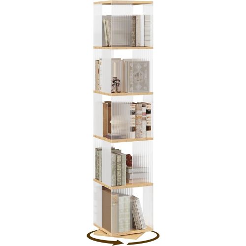 YATINEY 5-Tier Rotating Bookshelf, 360 Spinning Corner Bookcase Tower, Freestanding Industrial Book Shelf Tower with Clear Acrylic Sides, for Bedroom, Living Room, Office, Square, Natural SJ13WN