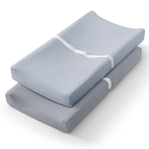 Blissful Diary Muslin Changing Pad Cover for Girls Boys, Ultra Soft Breathable Cotton, Baby Diaper Change Table Pad Covers, 2Pack (Light Blue&Grey)