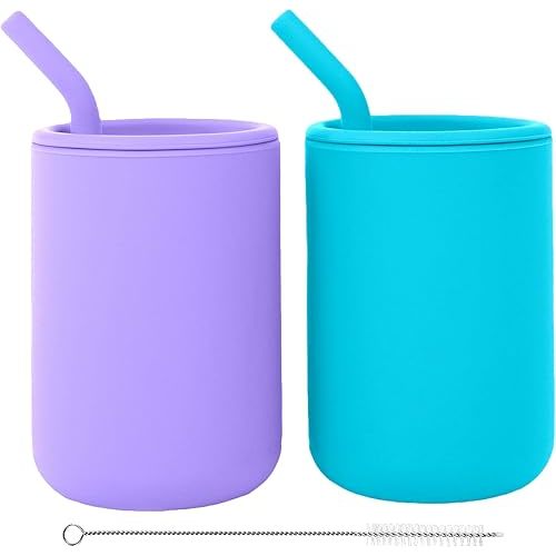 WeeSprout Silicone Baby Cups With Straws and Lids, 4 & 8 oz Options, Set of 2, Food Grade Toddler Training Container, Built In Straw Stoppers, Measurement Markings, Dishwasher Safe + Straw Cleaner