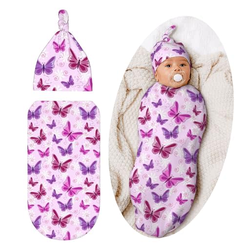 Lcokin Butterfly Baby Stuff Swaddle Blanket Newborn Baby Swaddling Blanket with Beanie Hat Sets for Boys Girls Infant and Baby Shower Unisex