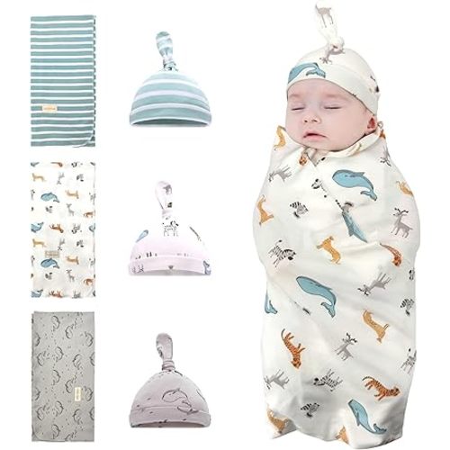Newborn Swaddle and Hat Set 6 Pack 100% Cotton Knitted Baby Receiving Blankets 35" x 35" Soft Unisex Swaddle Wrap for Girls and Boys (Whale+Elk+Green Stripes)