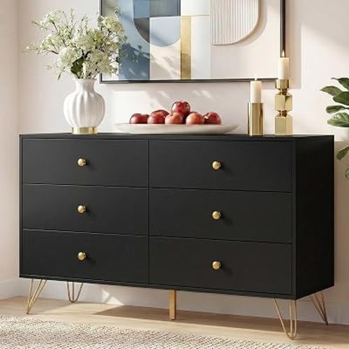 Black Dresser for Bedroom, 6 Drawer Dresser with Golden Handles, Large Storage Cabinet, Modern Chest of Drawers Organizer Storage for Hallyway, Entryway