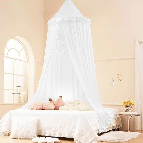 Akiky Kids Bed Canopy for Crib & Twin Size with Ruffles Dreamcatcher, Boys Princess Girls Nursery Room Decor Toddler Baby Dome Round Hanging Tent Curtains Skirt Over Bed Reading Nook Play Tents White