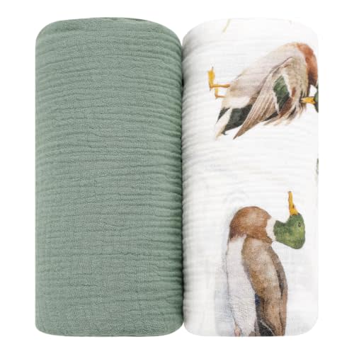 Muslin Swaddle Blankets for Girls Boys 2 Pack, Mallard Duck & Green | 100% Cotton Receiving Baby Blanket 40" X 38" Soft Breathable Swaddling Wrap for Unisex Newborn
