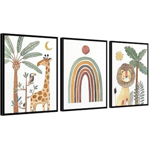 Boho Jungle Nursery Wall Art: 3 Piece Baby Animal Prints Posters Framed 12"x16", Giraffe Lion Parrot Rainbow Pictures Baby Room Decor for Boys & Girls, Neutral Safari Kids Bedroom Decor