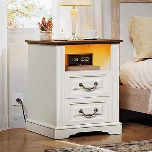 Farmhouse Nightstand with Charging Station, Wooden Night Stand with 2 Drawers, LED Bedside Table, Rustic Sofa Side Table, End Table for Bedroom, Living Room, White and Walnut