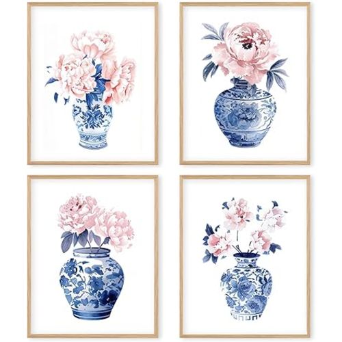 Boat Wades Pink Floral Blue And White Vase Wall Art Poster, Chinoiserie Wall Art Print,Watercolor Peonies Print Pink Rose Painting Pink Flower Wall Prints For Bedroom