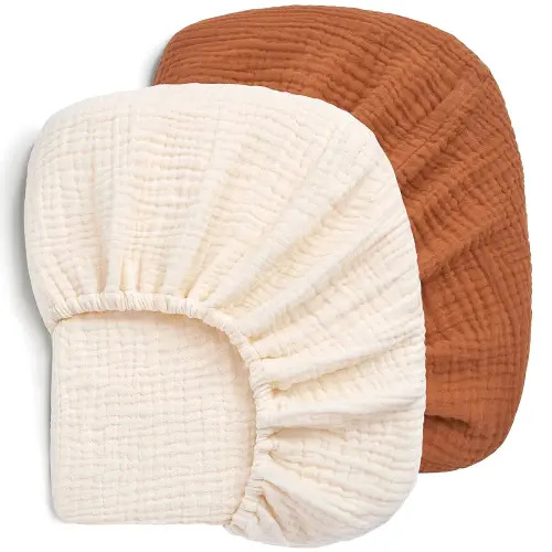 Pro Goleem Muslin Crib Sheets, 100% Cotton Crib Sheets for Boy Girl, 2 Pack Breathable Soft Neutral Baby Bed Sheets Set, Fits Standard Crib Mattress & Toddler Mattress 52"x28", (Brown＆Beige)