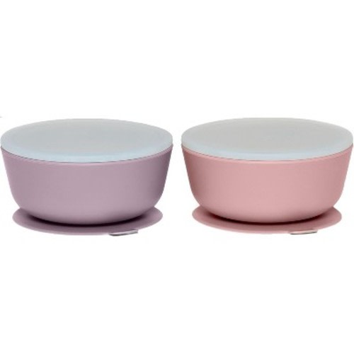 Weesprout Suction Bowls for Baby & Toddlers, 100% Silicone with Plastic Lid, 12 oz - Bright Purple + Muted Pink, Set of 2