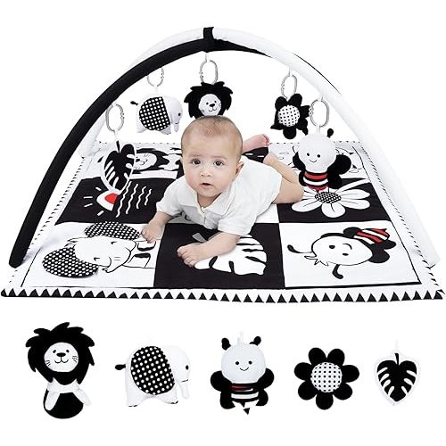 Lovvie & Joy Baby Play Activity Gym Tummy Time Mat for Infant,Baby Gyms & Playmats for Babies 0 to 3 6 9 12 Months with 5 Toys for Early Sensory Exploration and Motor Skill Development