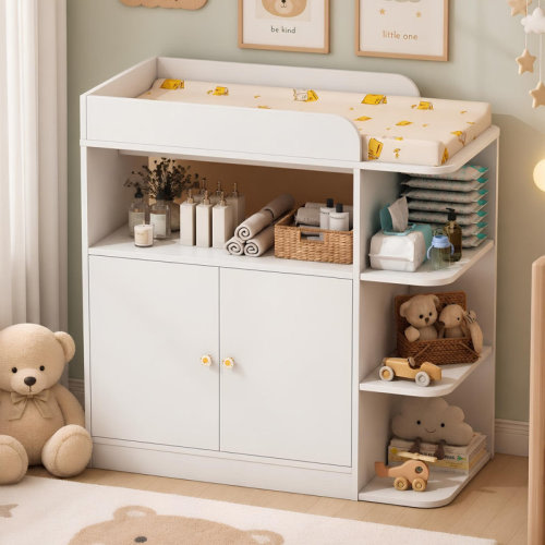 Trinx Changing Table Dresser for Nursery, Baby Diaper Changing Station with Large Cabinet, 4 Open Shelves & Crystal Knobs (Changing Top Included, Pad Excluded) | Wayfair