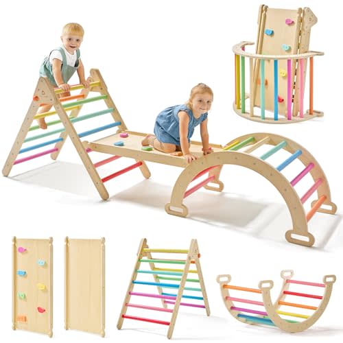 Tiny Land Pikler Triangle Set, 7-in-1 Foldable Climbing Toys Set for Kids | Baby Indoor Playground Jungle Gym, Wooden Montessori Climbing Set for Toddler,Ideal Gift for Kids (Rainbow)