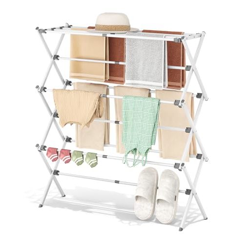 APEXCHASER Drying Rack Clothing - 3 Tier Metal Clothes Drying Rack Collapsible, Laundry Drying Rack Expandable, Small Clothe Airer for Baby Clothes Towel Bib Sock Indoor Outdoor Use(White)