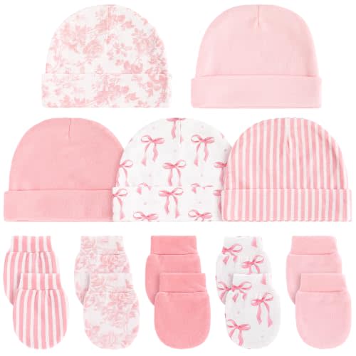 Unittype Baby Hats and Mittens Set for Girl 10 Pcs Newborn Gift Set Soft 100% Cotton Infant Beanie Caps and No Scratch Gloves Pink White Bow Pattern for 0-6 Months Infant Essentials