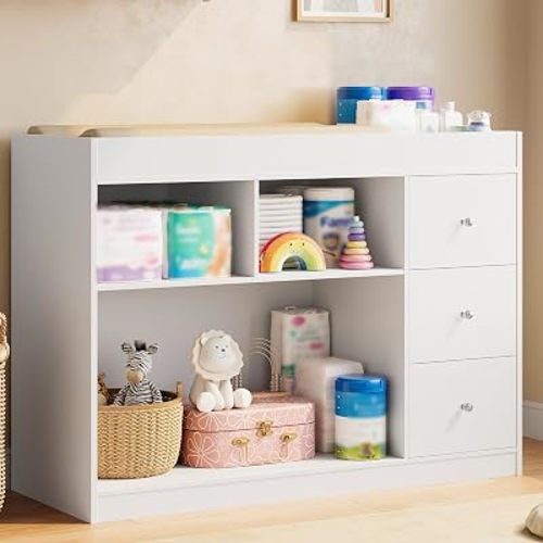 Changing Table with 3 Drawers for Nursery, Wood, Large