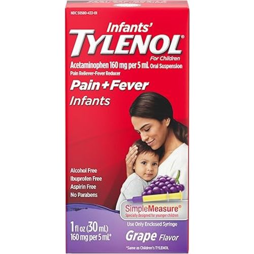 Infants' Tylenol Oral Suspension Liquid Medicine with Acetaminophen, Baby Fever Reducer & Pain Reliever for Minor Aches & Pains, Sore Throat, Headache & Toothache, Grape Flavor, 1 fl. oz