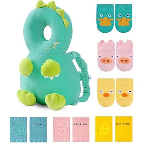 JunNeng Toddler Baby Head Protector Backpack for Toddler Walker with Knee Pads&Anti-Slip Socks, Dinosaur Green