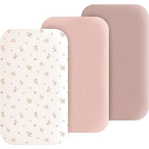 Muslin Bedside Sleeper Bassinet Fitted Sheets, 3 Pack Cotton Baby Sheet for Boys & Girls, Soft, Compatible with Baby Delight, Dream On Me, AMKE and Other Rectangle Mattress (Daisy Petal)