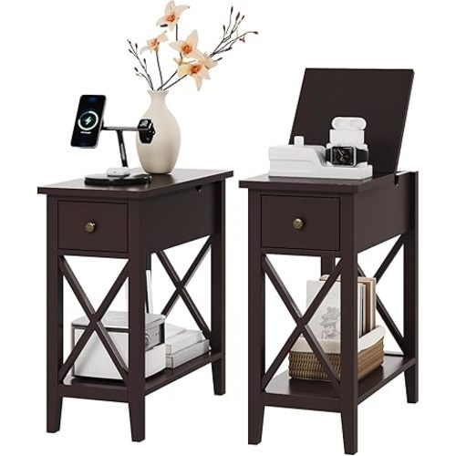ChooChoo End Table Set of 2, Flip Top Narrow End Table with Drawer, Accent Small Side Table Nightstand for Living Room, Bedroom, and Small Spaces, Espresso