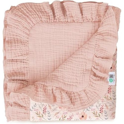 lulumoon Muslin Baby Blanket for Girls: Soft Breathable Cotton Crib Blanket with Ruffle - Floral Print Lightweight Receiving for Wrap Newborn & Nursery Stroller 40"x36"(Pink Flower)