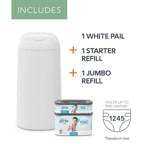 Diaper Genie Classic Diaper Pail Gift Set | Push-N-Lock Odor Control | Includes Starter Refill and Jumbo+ Refill | Holds up to 1,245 Newborn Diapers | Baby Registry Must-Have