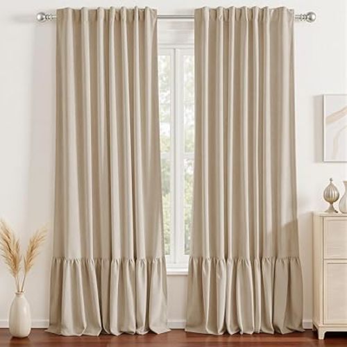 Ruffle Double Layer Blackout Curtains 84 Inches, Farmhouse Thermal Insulated Drapes with White Liner, Back Tab Panels for Bedroom Living Room Light Sleepers, 2 Panels Linen (52" W x 84" L)