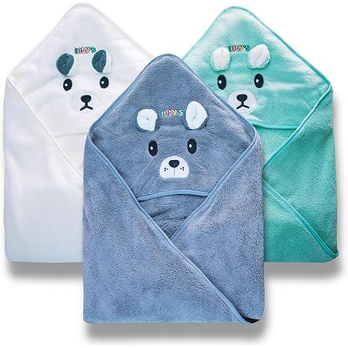 Ioly's Hooded Baby Bath Towels for Newborn Essentials 41" (Large) Set 3 Towel with Hood for Kids Babies Toddler Infant Baby Towels with Hood Cosas para Bebes recien nacidos (White/Gray/Green)